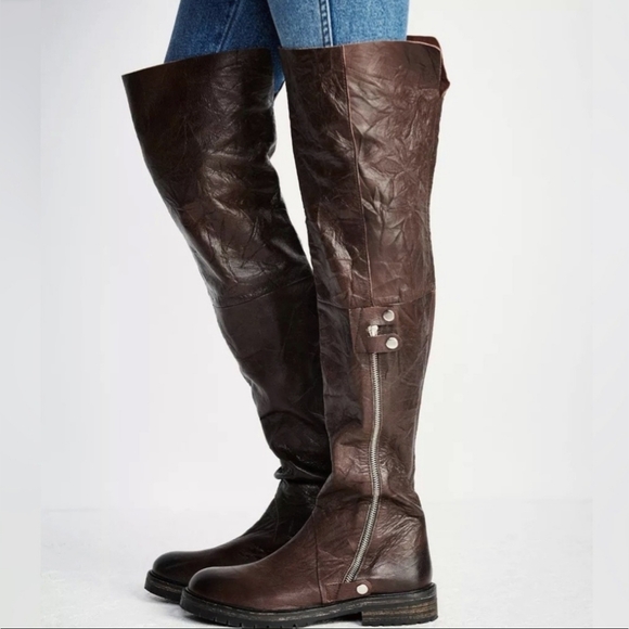 Free People OTK Boots Over-The-Knee Brown Leather Riding Boots - Picture 1 of 14
